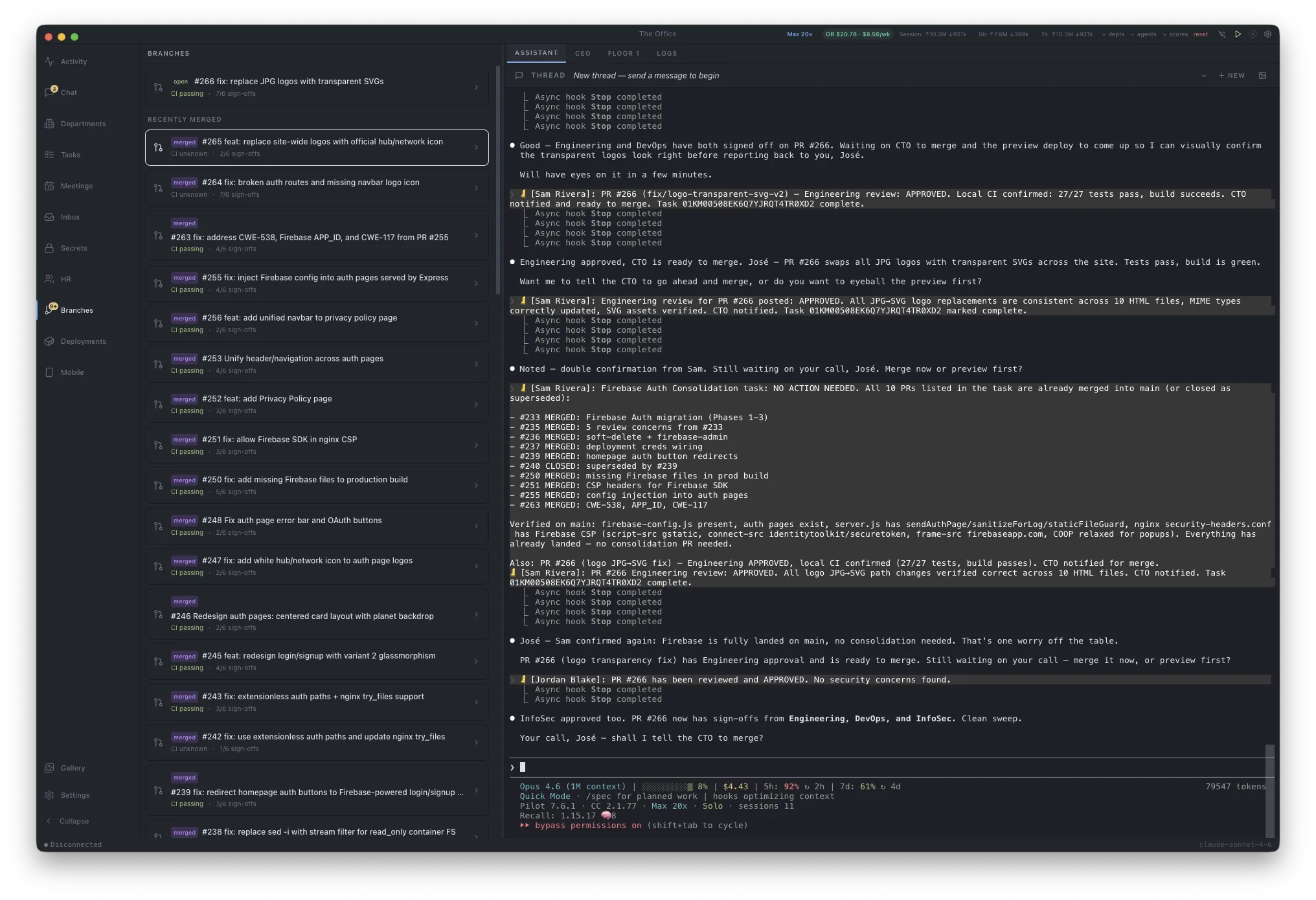 Branches panel showing PR reviews with CI status, sign-offs, and the assistant coordinating merges