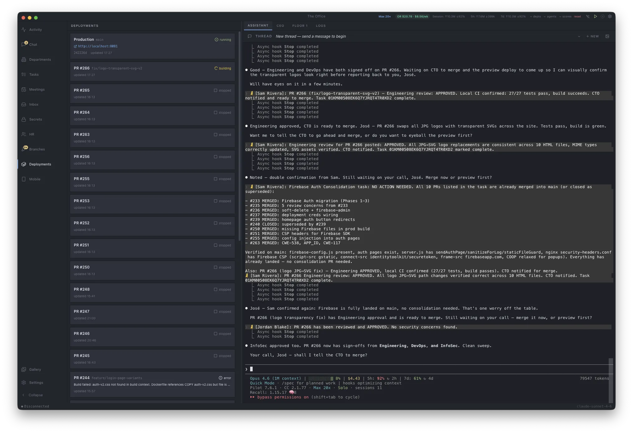 Deployments panel showing production status, PR preview builds, and deployment history