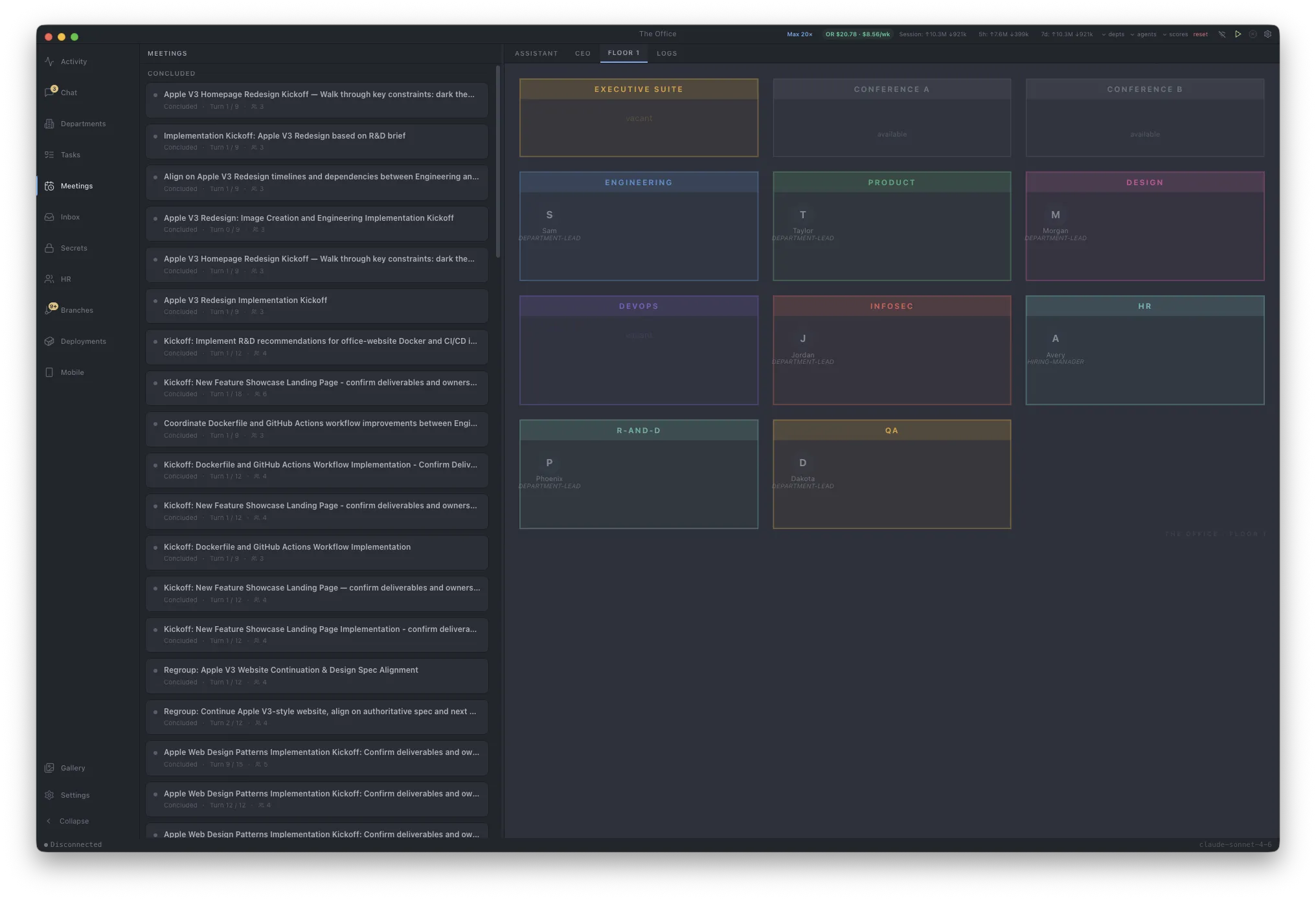 Floor view showing all AI departments — Engineering, Design, Product, DevOps, InfoSec, QA, R&D, and HR