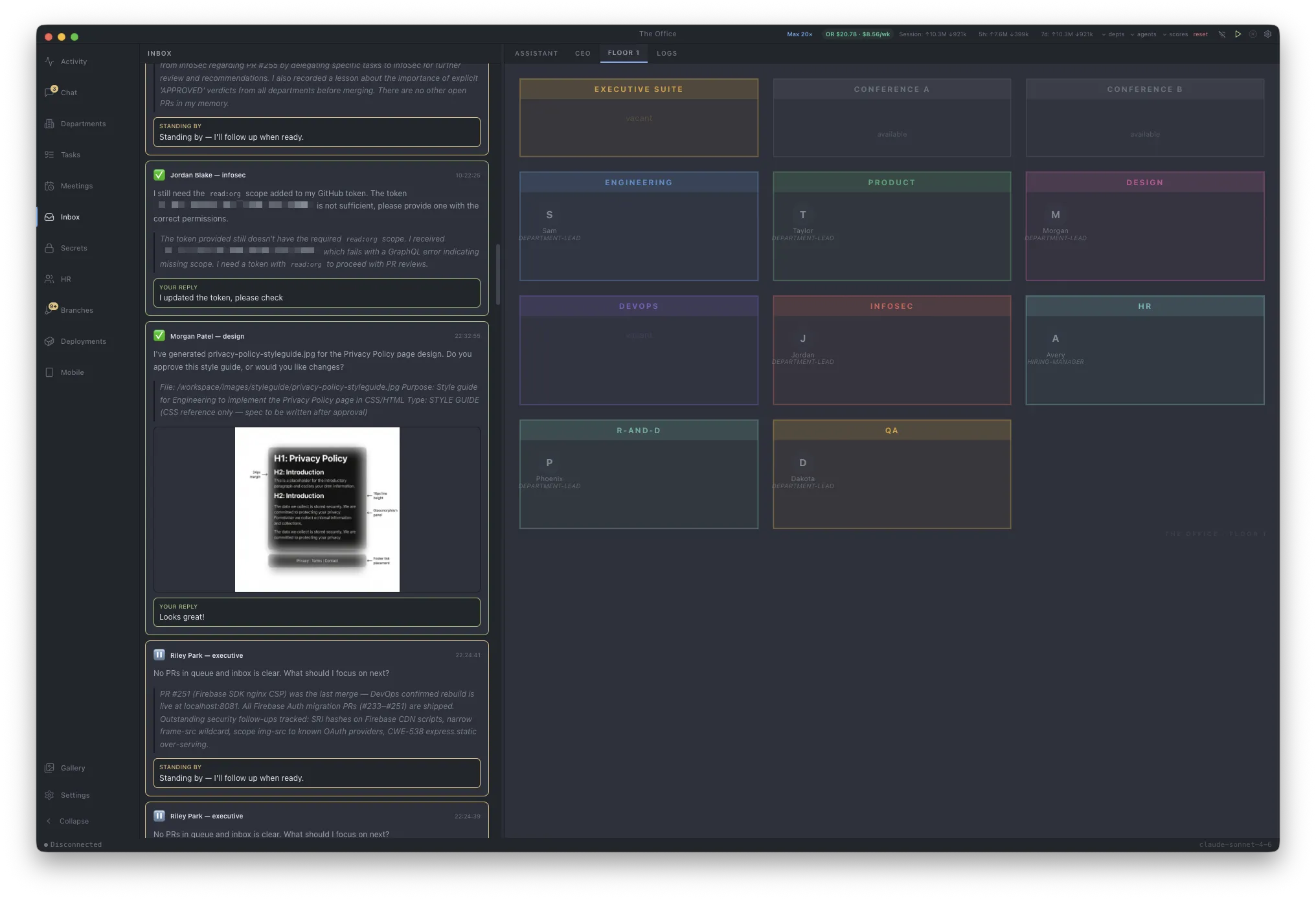 CEO Inbox showing agent conversations, design reviews, and HITL escalations
