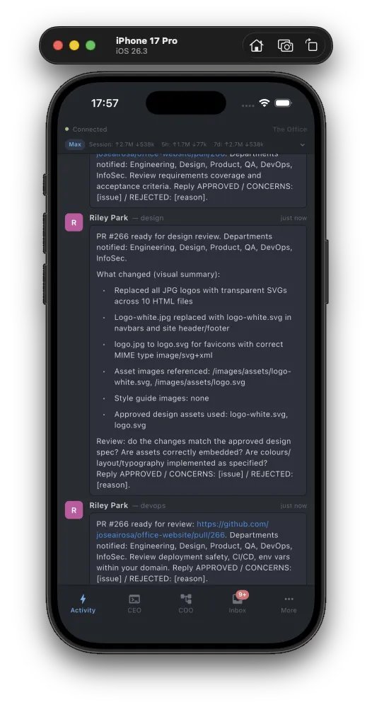 Mobile Activity feed showing agent PR reviews and status updates