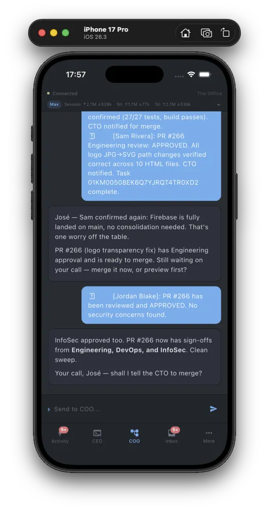 Mobile COO chat for sending commands and receiving agent updates