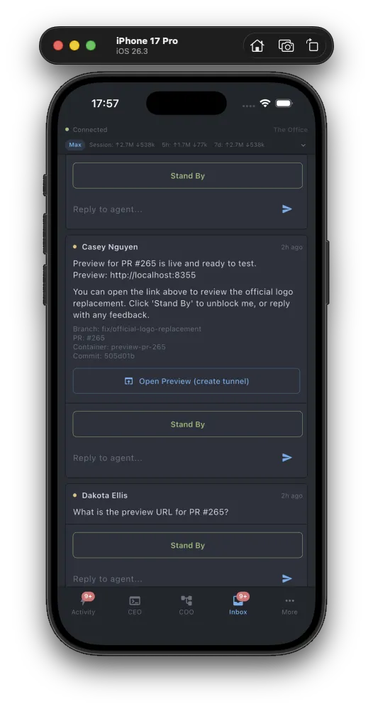 Mobile Inbox showing HITL escalations with preview deployment links